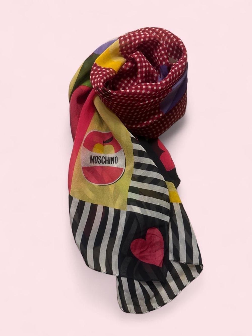 Moschino - Colorblock Silk Scarf with Hearts & Stripes (Preloved)